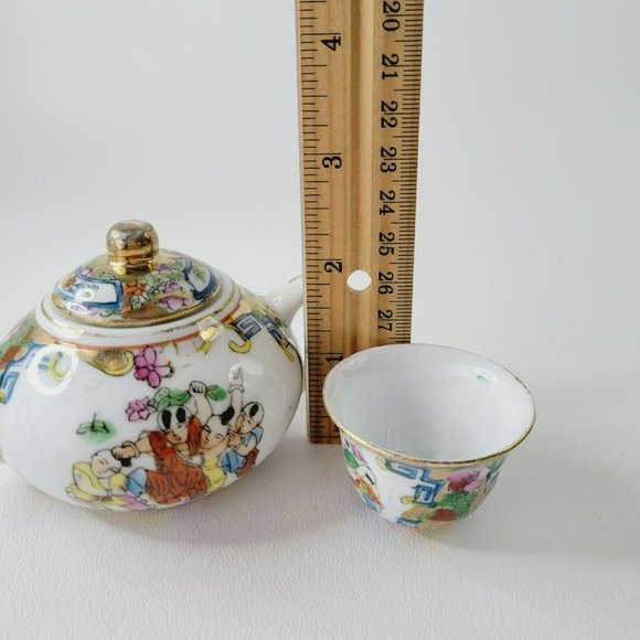 Small Hand Painted Chinese Tea Ceremony Set Gold Trim Male Figures Bright Flower - Picture 10 of 13